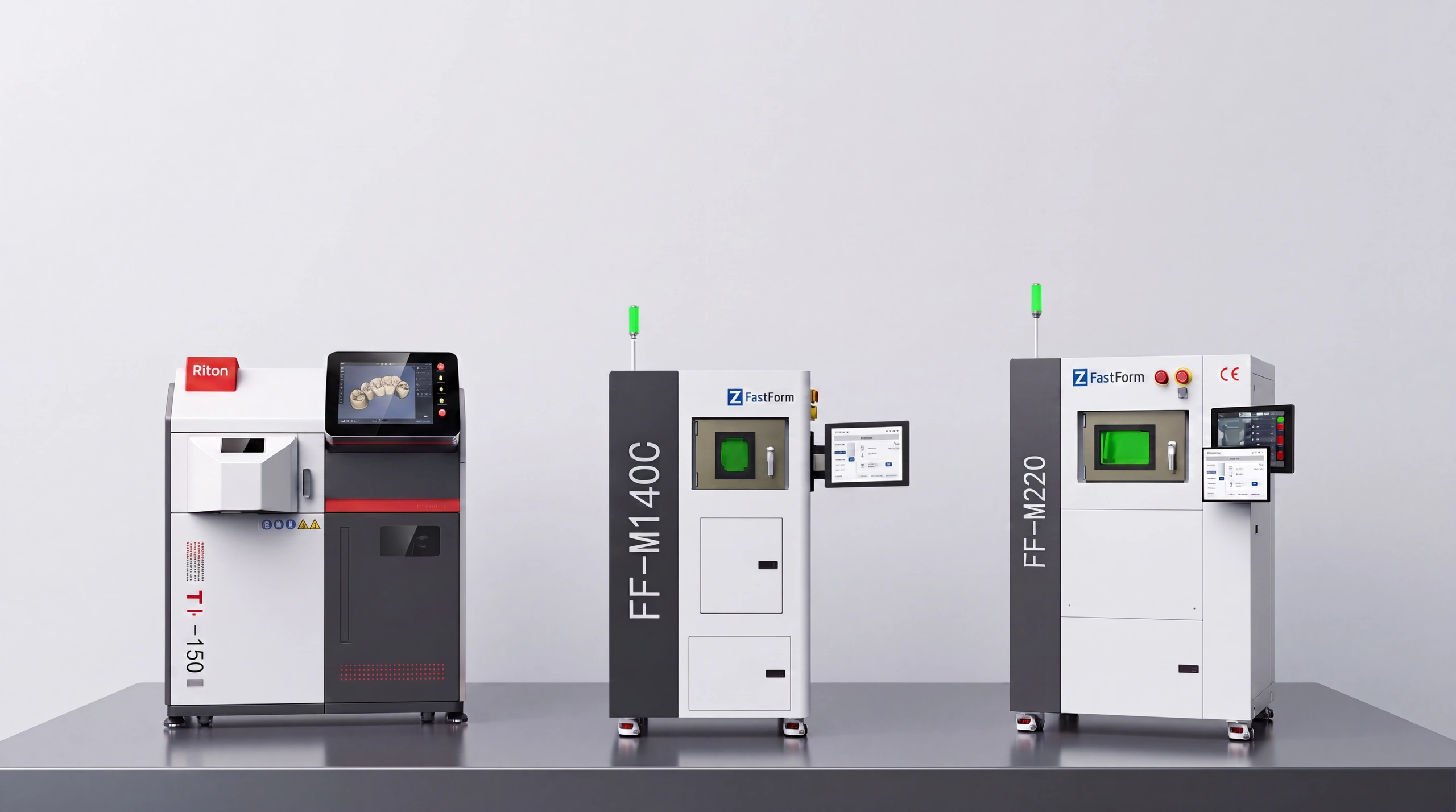 Machines from the four brands Z-Printer integrates: Fast Form, Riton 3D, Jiny CAD/CAM and Dental Four.