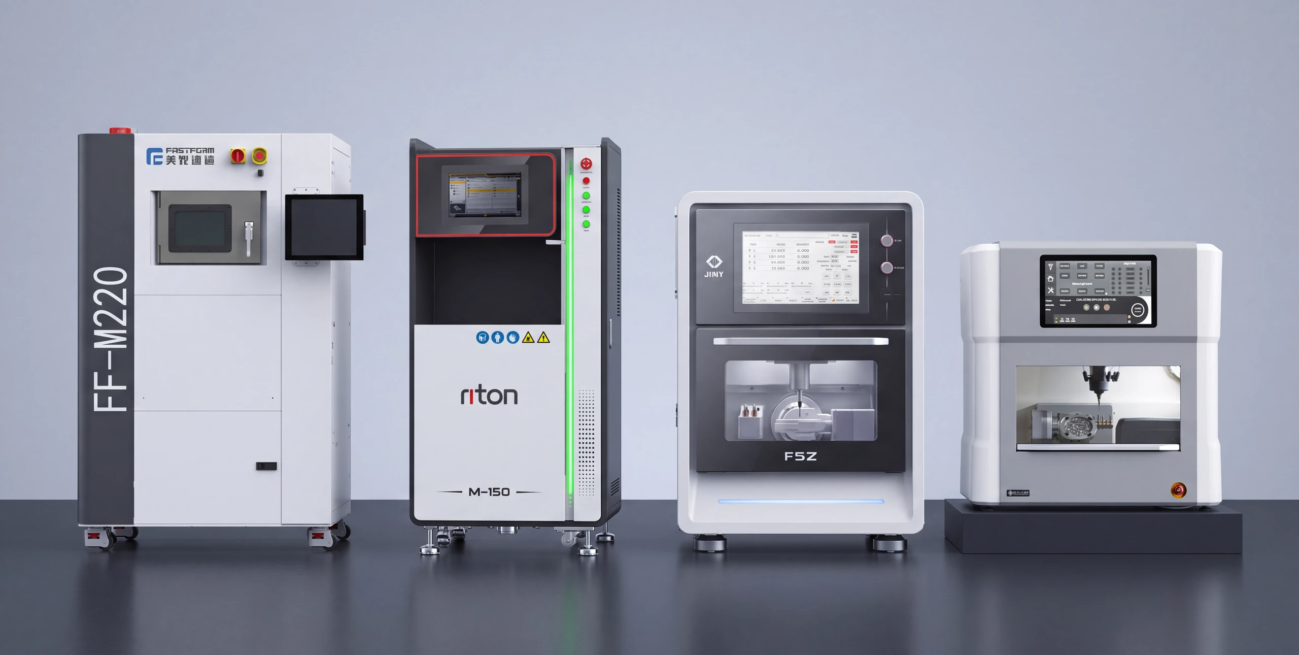 All four brands together: the Fast Form FF-M220 and the Riton 3D, additive, alongside the Jiny F5Z and the Dental Four, milling.